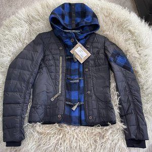Hell Is For Heroes Womens Down Jacket Size Small S Black Blue Buffalo Plaid Hood